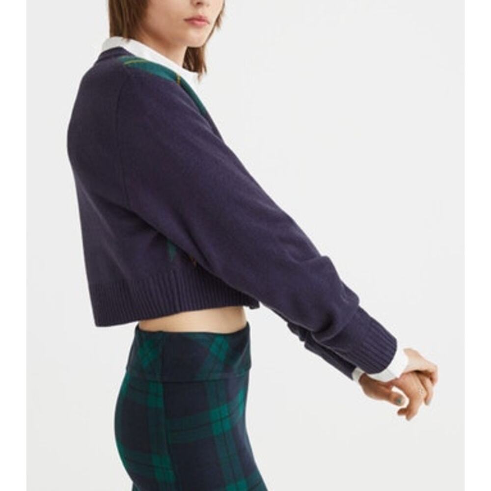 2/$30 DIVIDED by H&M Cardigan Size S Navy Blue Cropped Plaid Green - Picture 8 of 8